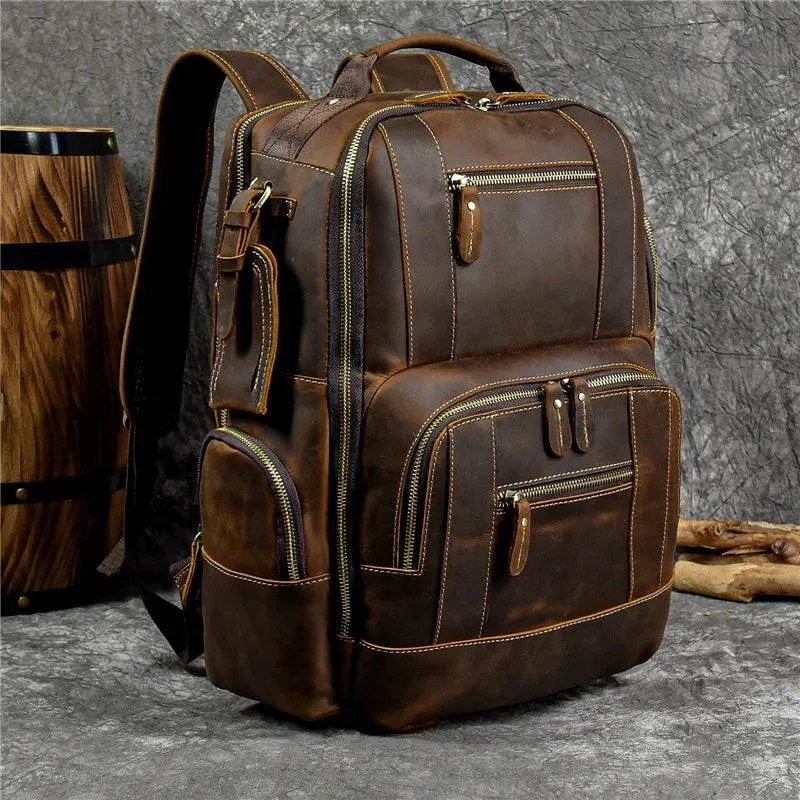 Vintage Crazy Horse Leather Backpack Men Travel Laptop School Bag
