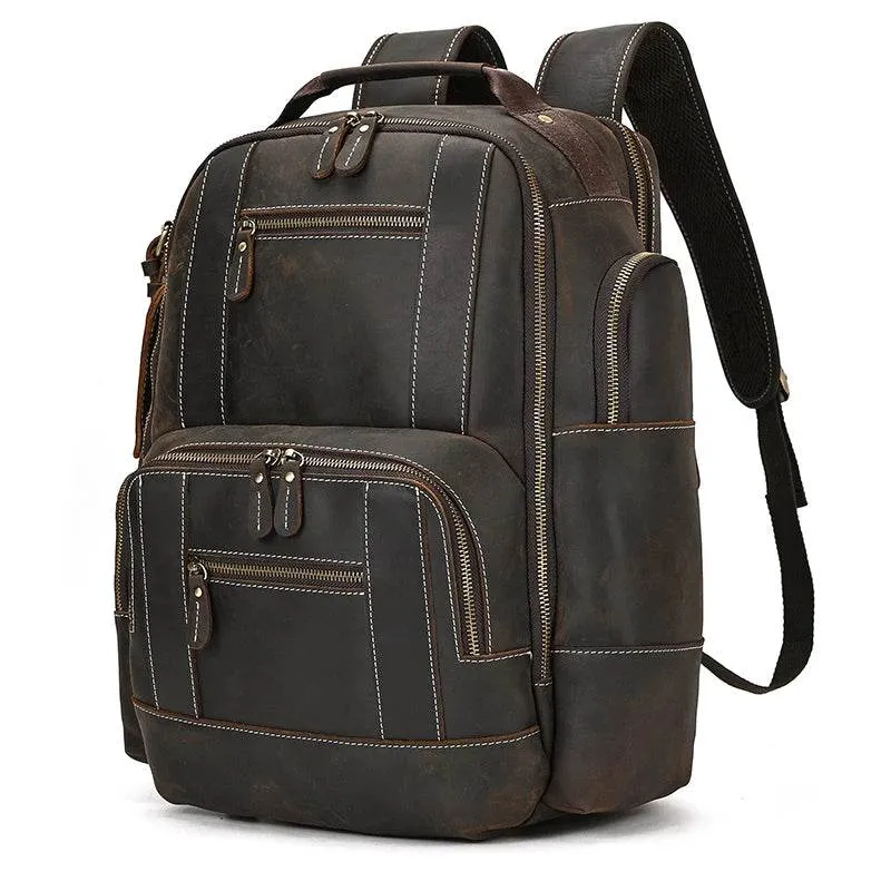 Vintage Crazy Horse Leather Backpack Men Travel Laptop School Bag