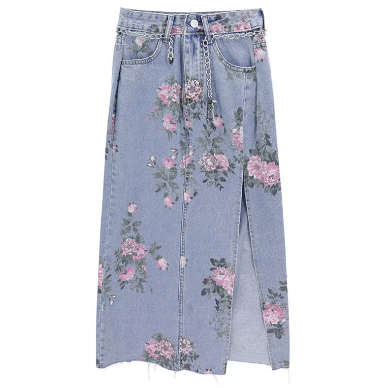 Vintage Flowers Sexy Open Long Denim Skirts