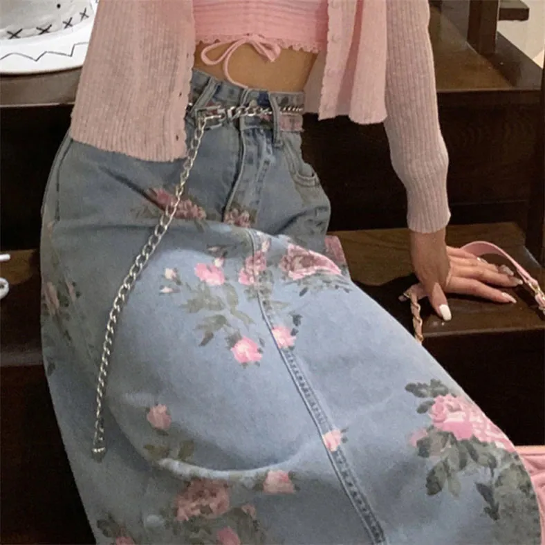 Vintage Flowers Sexy Open Long Denim Skirts