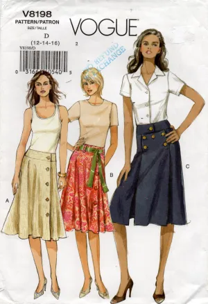 Vogue V8198 Womens Button Trimmed Nautical or Wrap Skirts Out Of Print Sewing Pattern Size 12 - 16 UNCUT Factory Folded