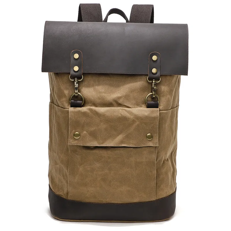 Waterproof Canvas Travel Backpack Full Grain Leather And Canvas Laptop Backpack Flap Cover Camera Backpack