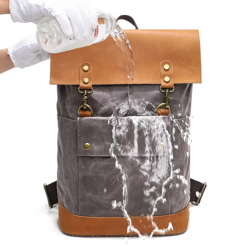 Waterproof Canvas Travel Backpack Full Grain Leather And Canvas Laptop Backpack Flap Cover Camera Backpack