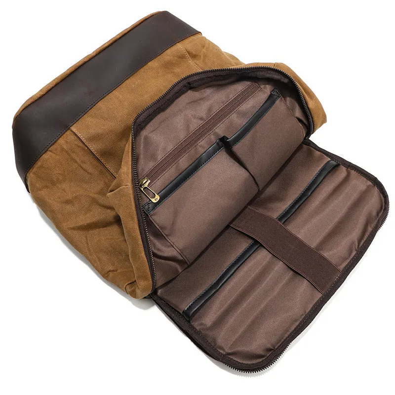 Waterproof Canvas Travel Backpack Full Grain Leather And Canvas Laptop Backpack Flap Cover Camera Backpack