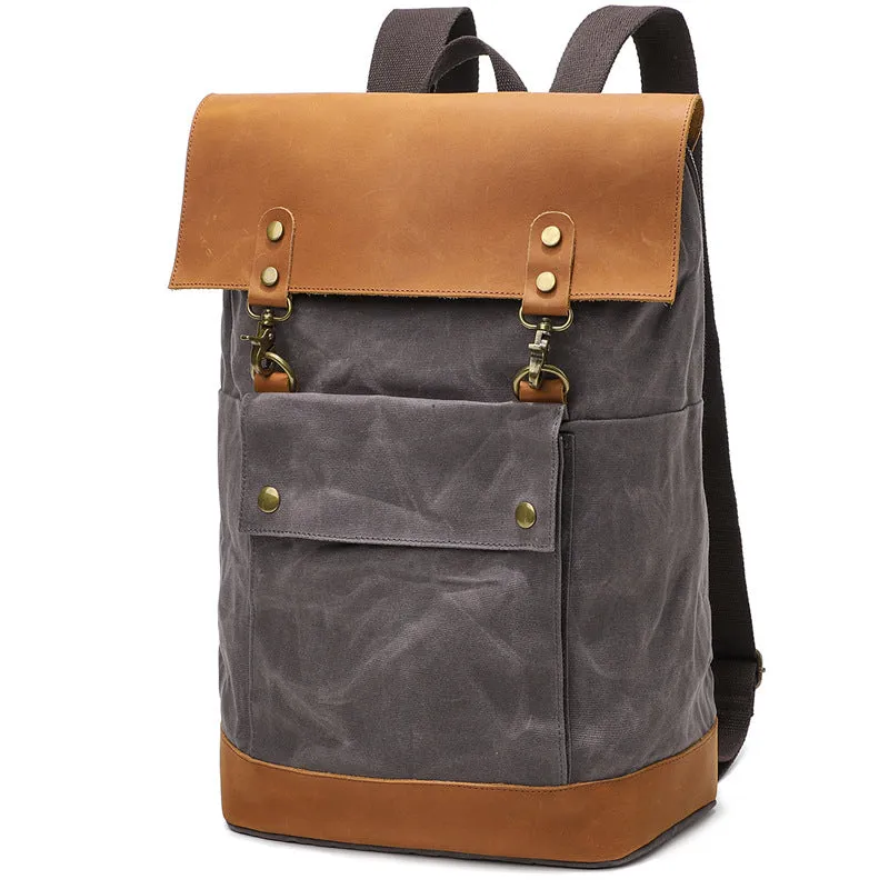 Waterproof Canvas Travel Backpack Full Grain Leather And Canvas Laptop Backpack Flap Cover Camera Backpack