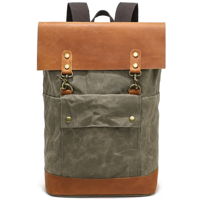 Waterproof Canvas Travel Backpack Full Grain Leather And Canvas Laptop Backpack Flap Cover Camera Backpack
