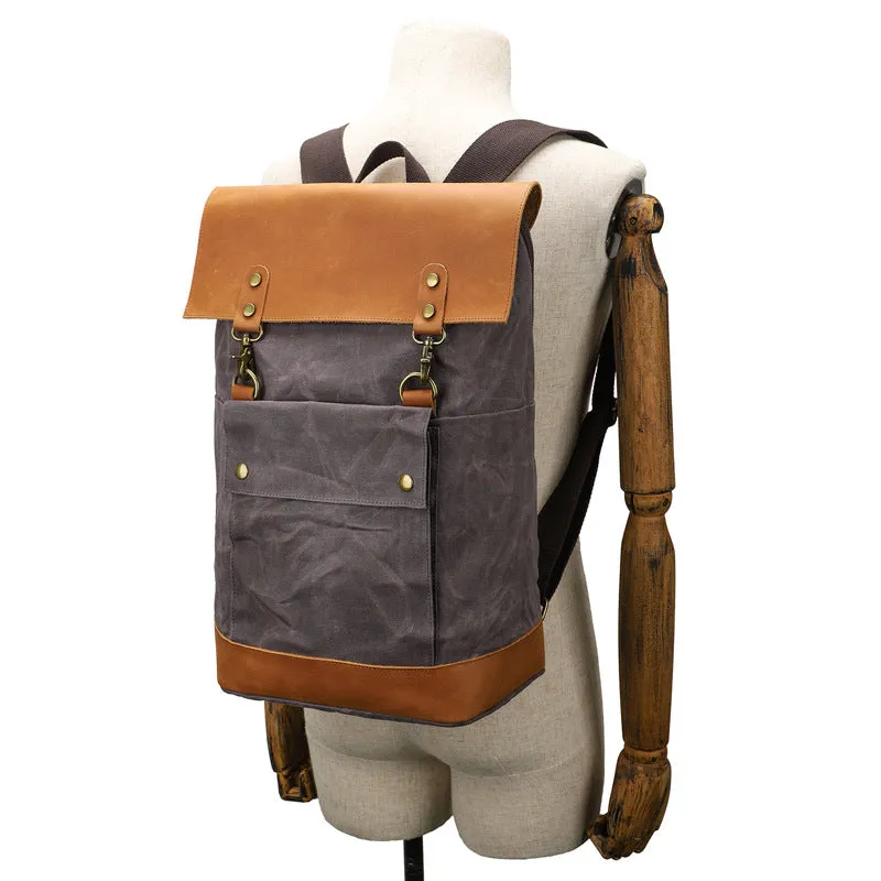 Waterproof Canvas Travel Backpack Full Grain Leather And Canvas Laptop Backpack Flap Cover Camera Backpack