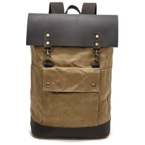 Waterproof Canvas Travel Backpack Full Grain Leather And Canvas Laptop Backpack Flap Cover Camera Backpack
