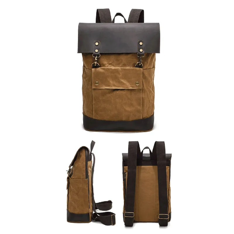 Waterproof Canvas Travel Backpack Full Grain Leather And Canvas Laptop Backpack Flap Cover Camera Backpack