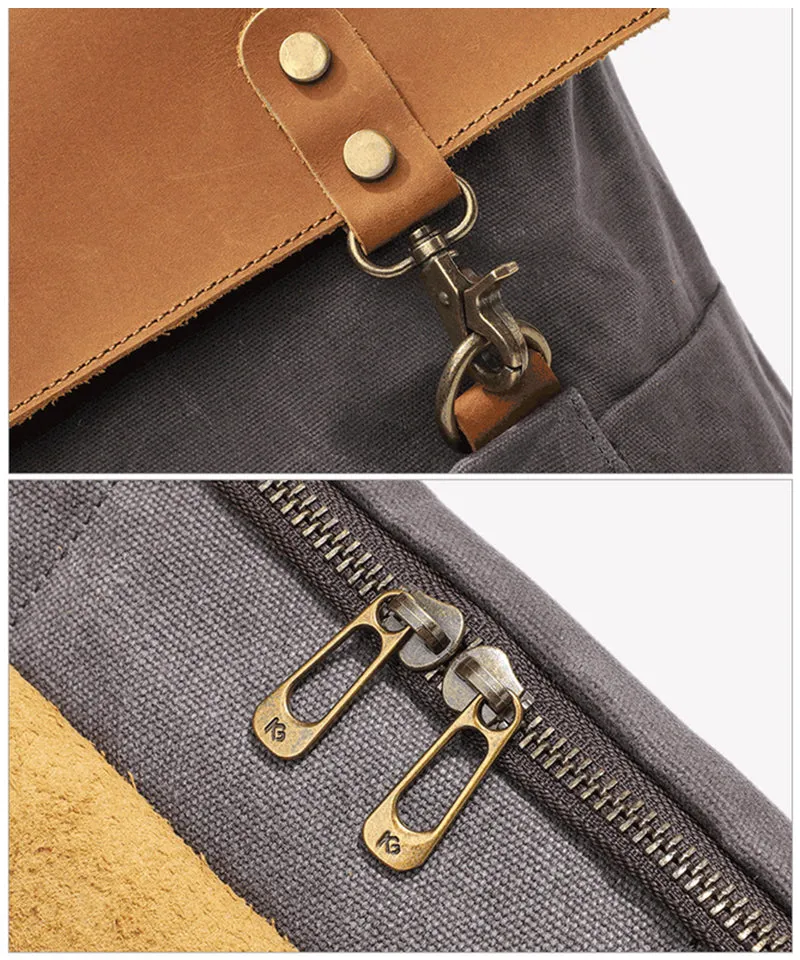 Waterproof Canvas Travel Backpack Full Grain Leather And Canvas Laptop Backpack Flap Cover Camera Backpack