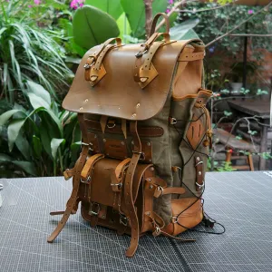Waxed canvas and leather backpack 45 liter handmade leather waxed backpack, suitable for travel, camping, hunting, hiking