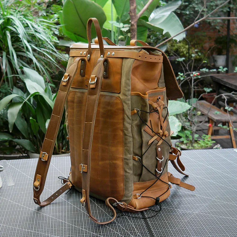 Waxed canvas and leather backpack 45 liter handmade leather waxed backpack, suitable for travel, camping, hunting, hiking