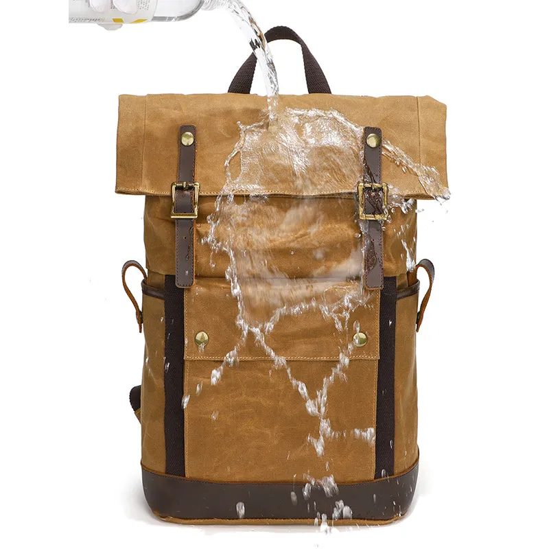 Waxed Canvas Backpack Canvas Rolltop Backpack Waterproof Canvas Laptop Backpack Large Capacity Travel Backpack