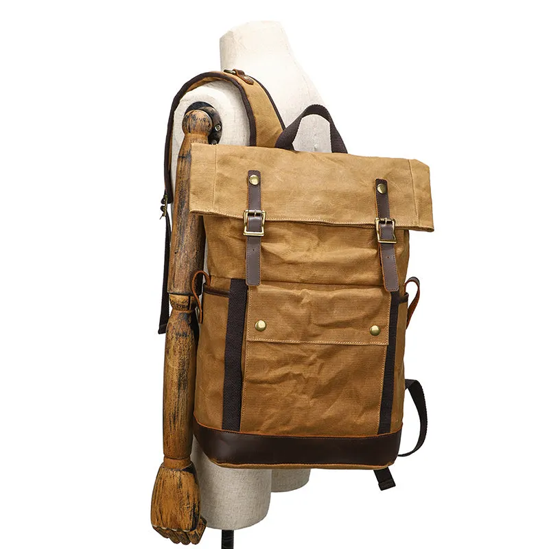 Waxed Canvas Backpack Canvas Rolltop Backpack Waterproof Canvas Laptop Backpack Large Capacity Travel Backpack