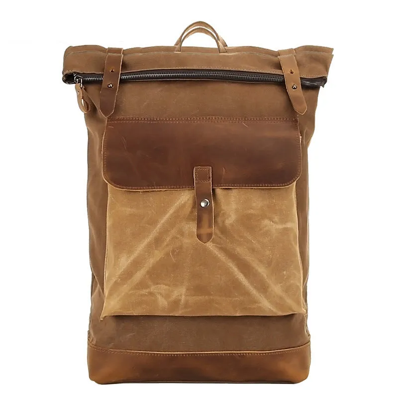 Waxed Canvas Top Grain Leather Backpack, Stylish Travel Backpack, Vintage Rucksack