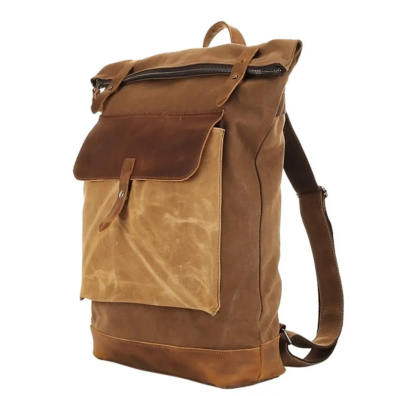 Waxed Canvas Top Grain Leather Backpack, Stylish Travel Backpack, Vintage Rucksack
