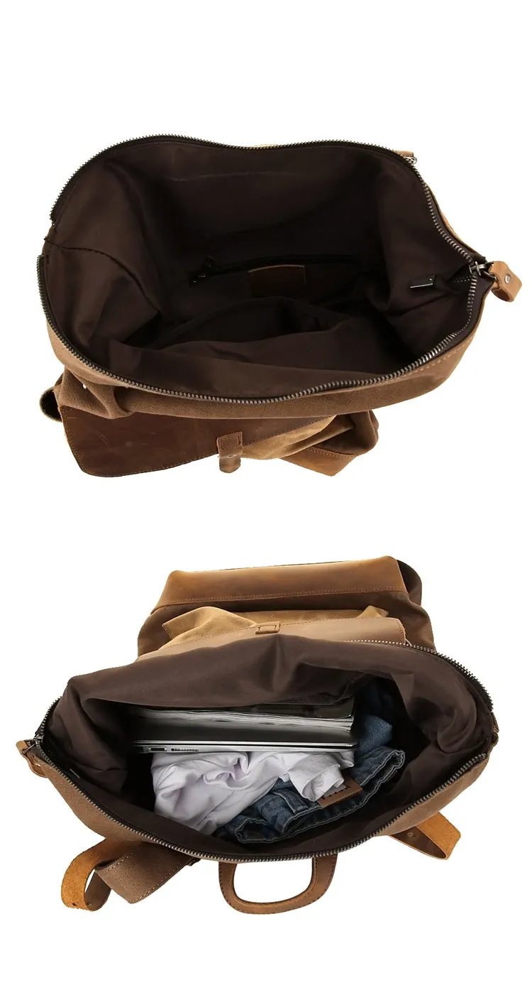 Waxed Canvas Top Grain Leather Backpack, Stylish Travel Backpack, Vintage Rucksack