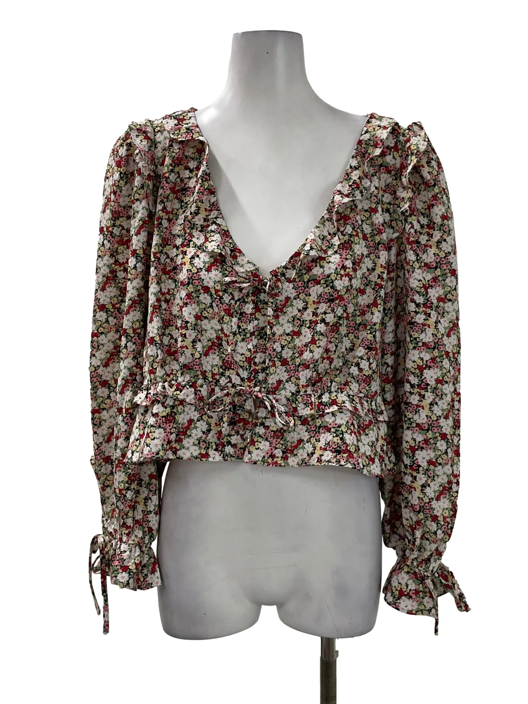 White Floral Front Tie Top