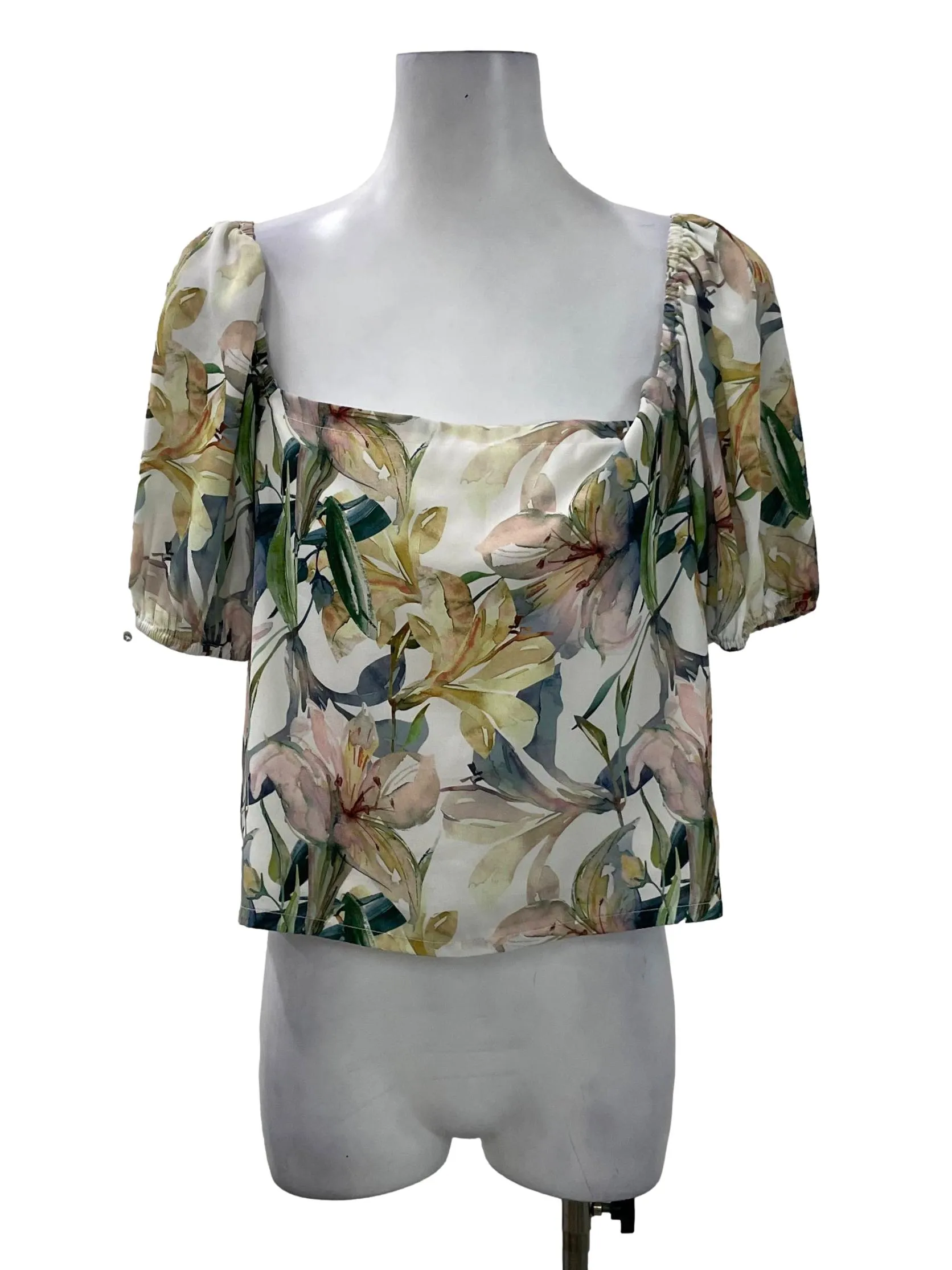 White Floral Square Neck Top