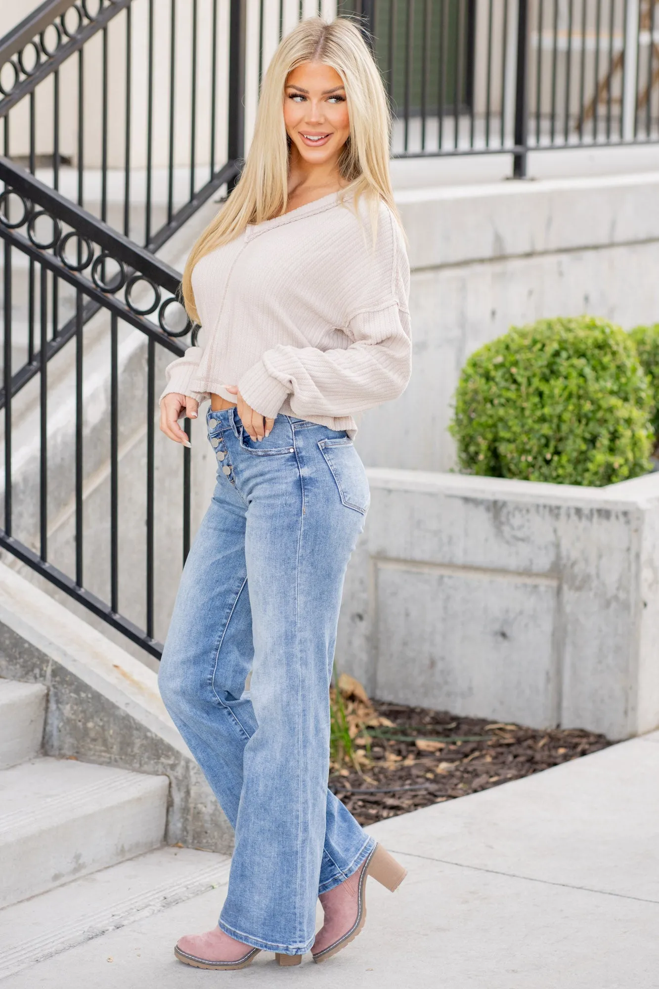 Winterberry Mid Rise Button Fly Wide Leg