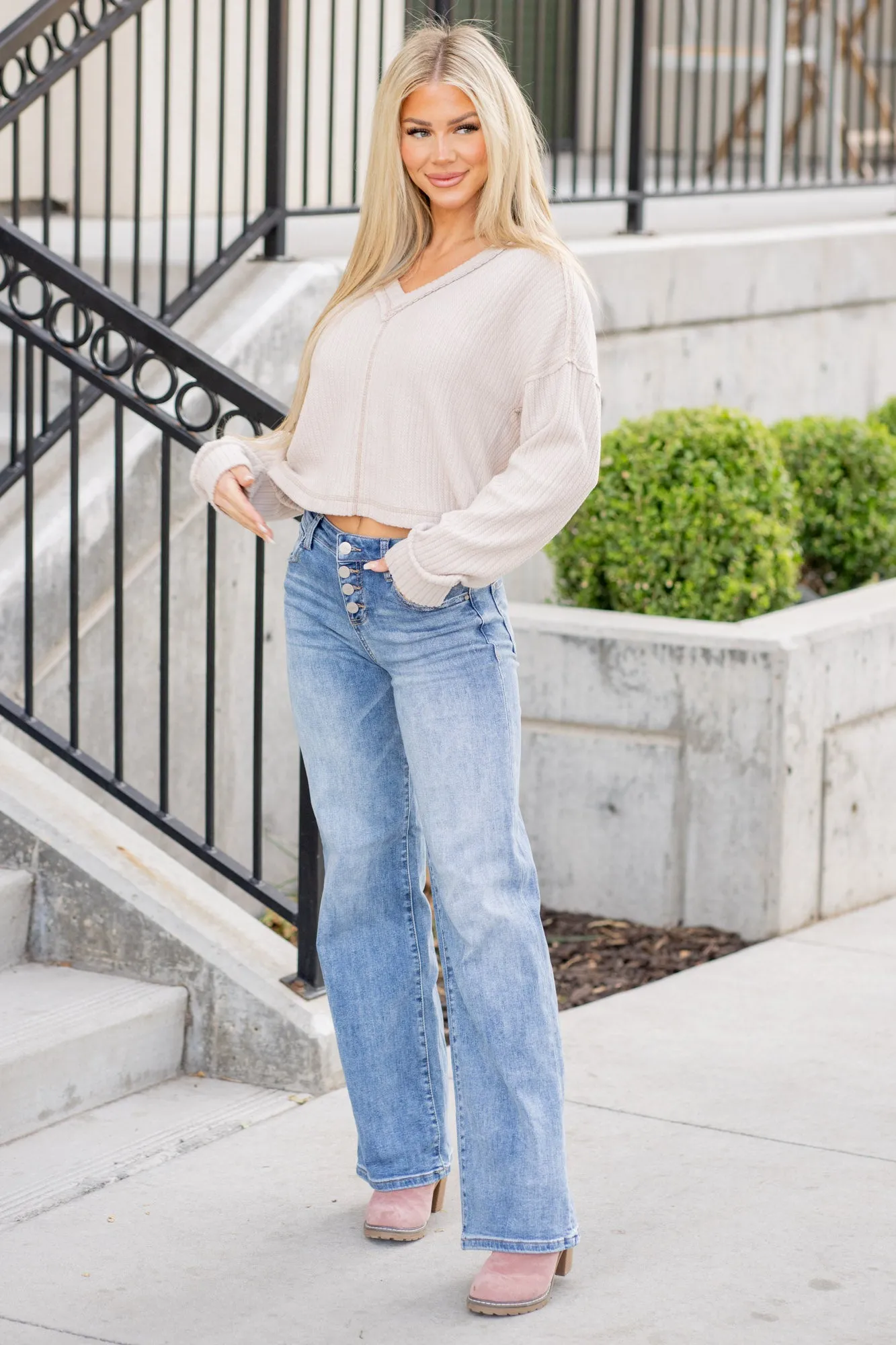 Winterberry Mid Rise Button Fly Wide Leg