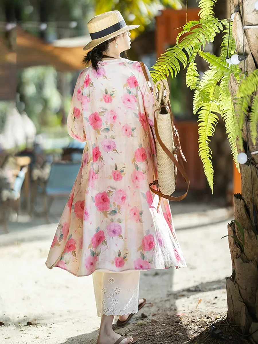 Women Artsy Spring Flower 100%Linen O-Neck Shirt Coat