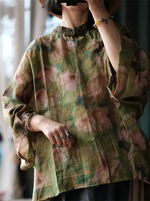 Women Autumn Vintage Flower Stand Collar Ramie Blouse
