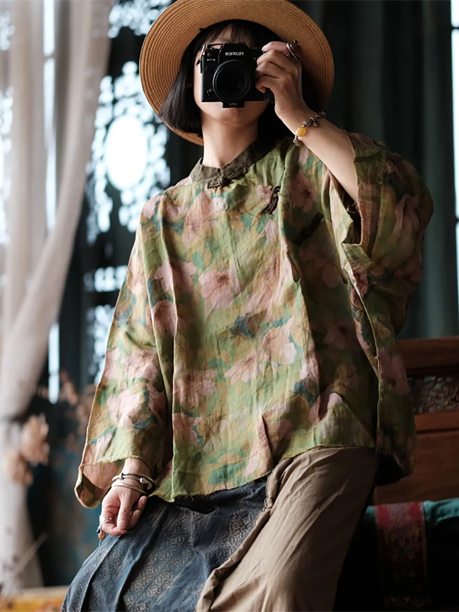 Women Autumn Vintage Flower Stand Collar Ramie Blouse