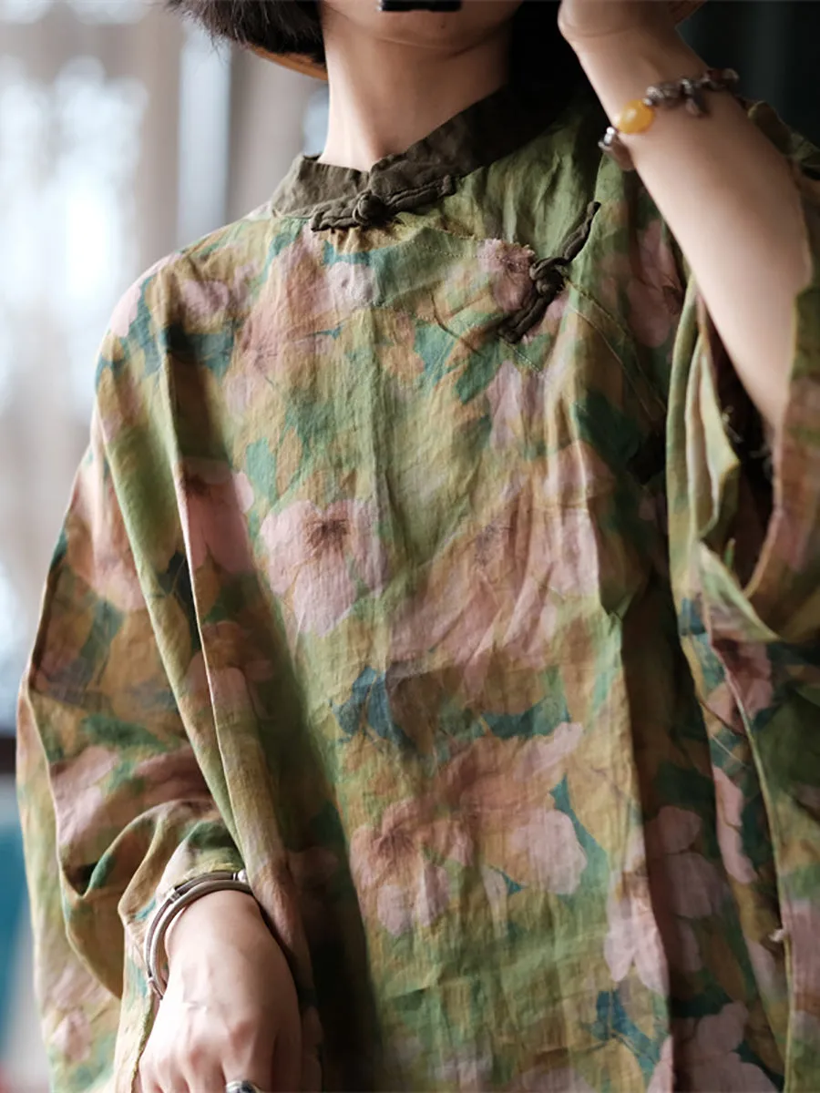 Women Autumn Vintage Flower Stand Collar Ramie Blouse