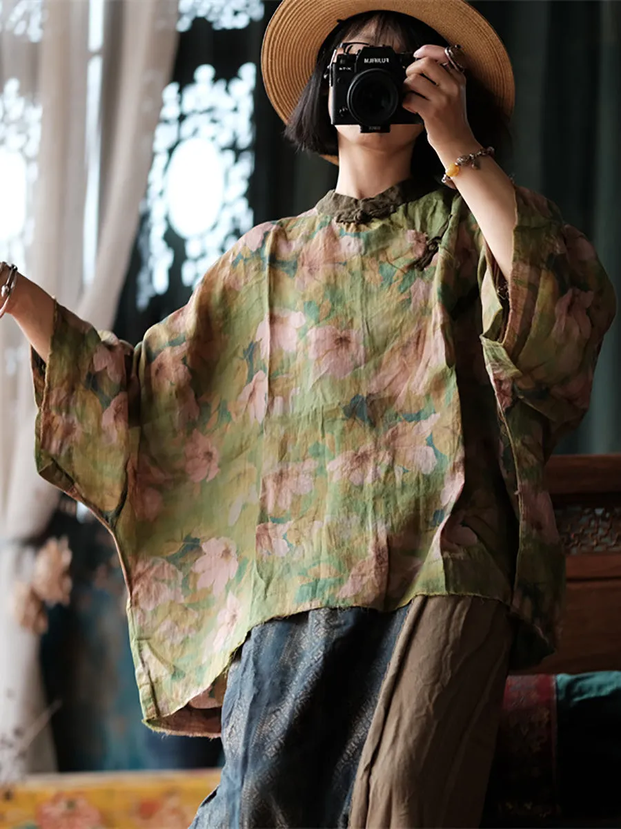 Women Autumn Vintage Flower Stand Collar Ramie Blouse