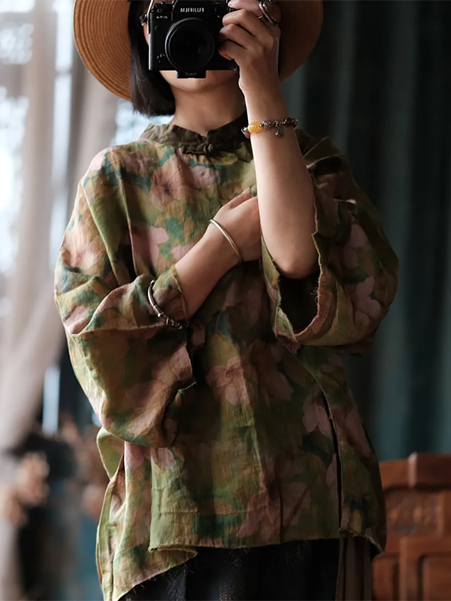 Women Autumn Vintage Flower Stand Collar Ramie Blouse