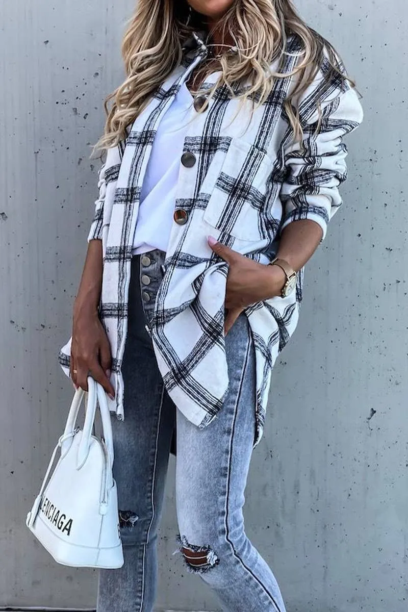 Women Plaid Pattern Oversized  Buttoned Shacket