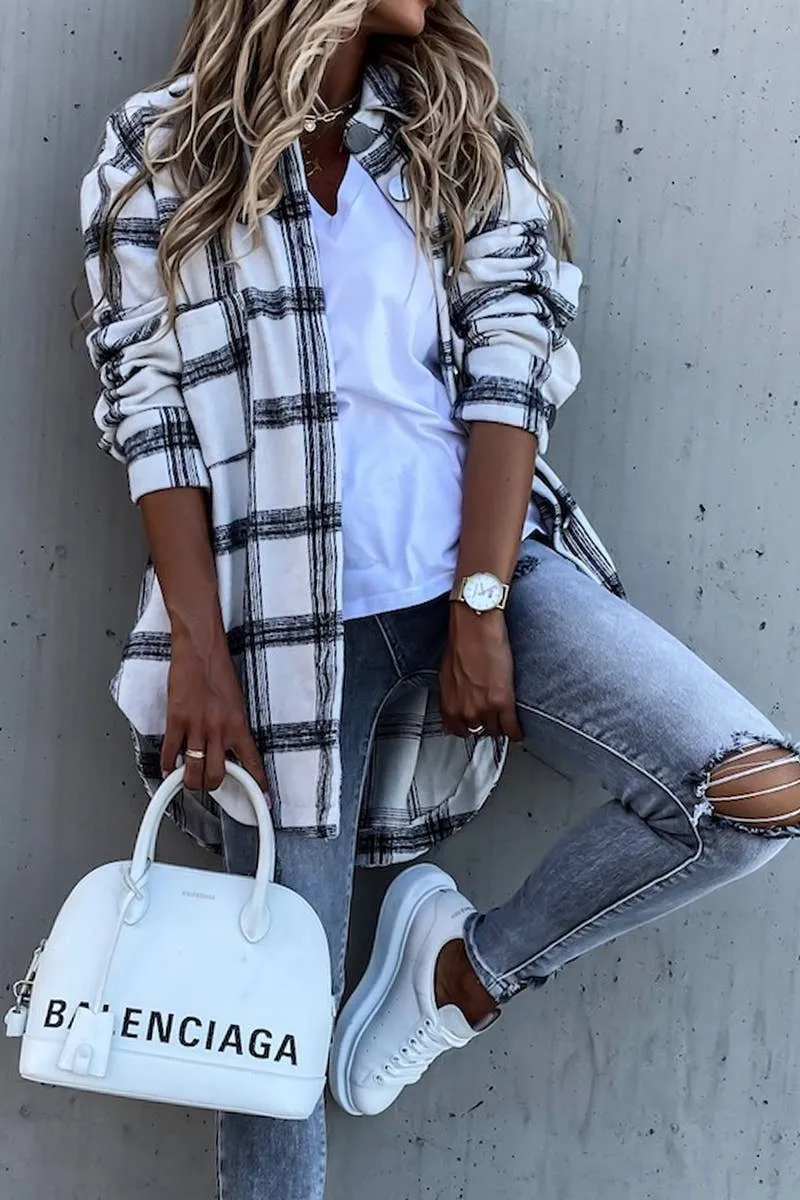 Women Plaid Pattern Oversized  Buttoned Shacket