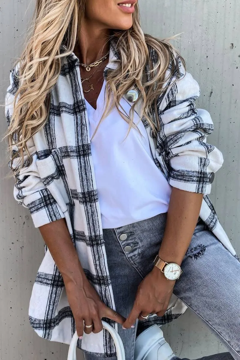 Women Plaid Pattern Oversized  Buttoned Shacket