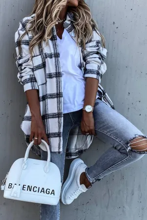 Women Plaid Pattern Oversized  Buttoned Shacket