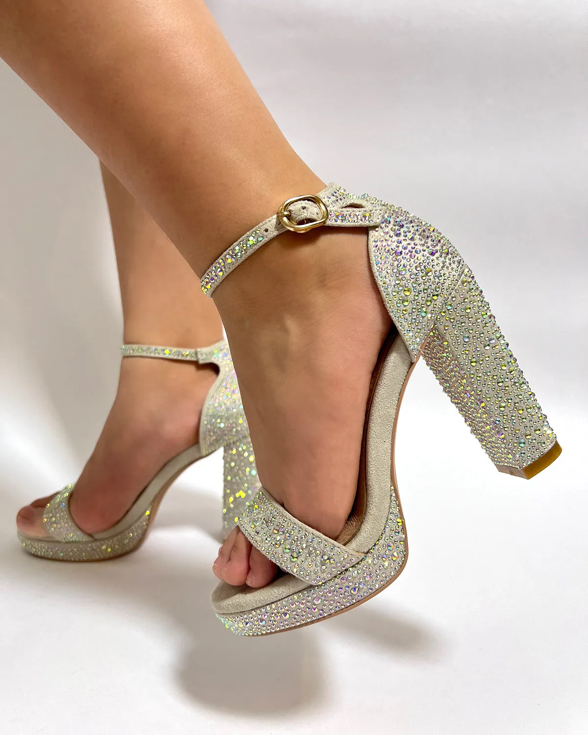 Women platform chunky heel AB rhinestone sandals