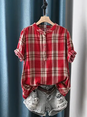 Women Summer Artsy Plaid Stand Collar 100%Cotton Shirt