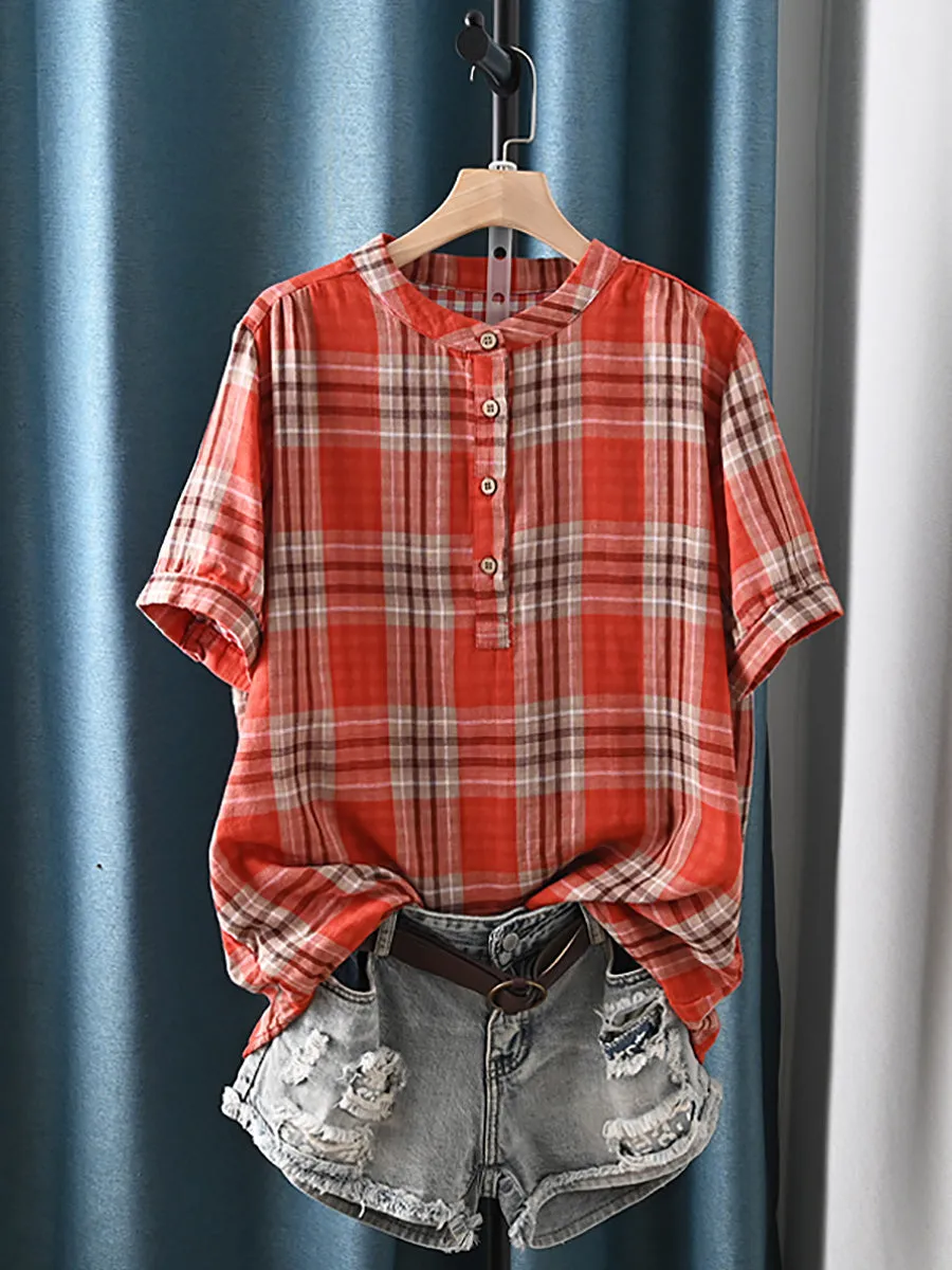 Women Summer Artsy Plaid Stand Collar 100%Cotton Shirt