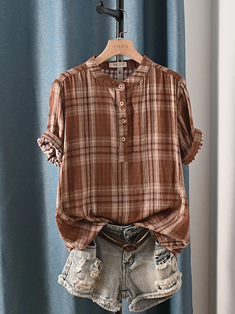 Women Summer Artsy Plaid Stand Collar 100%Cotton Shirt