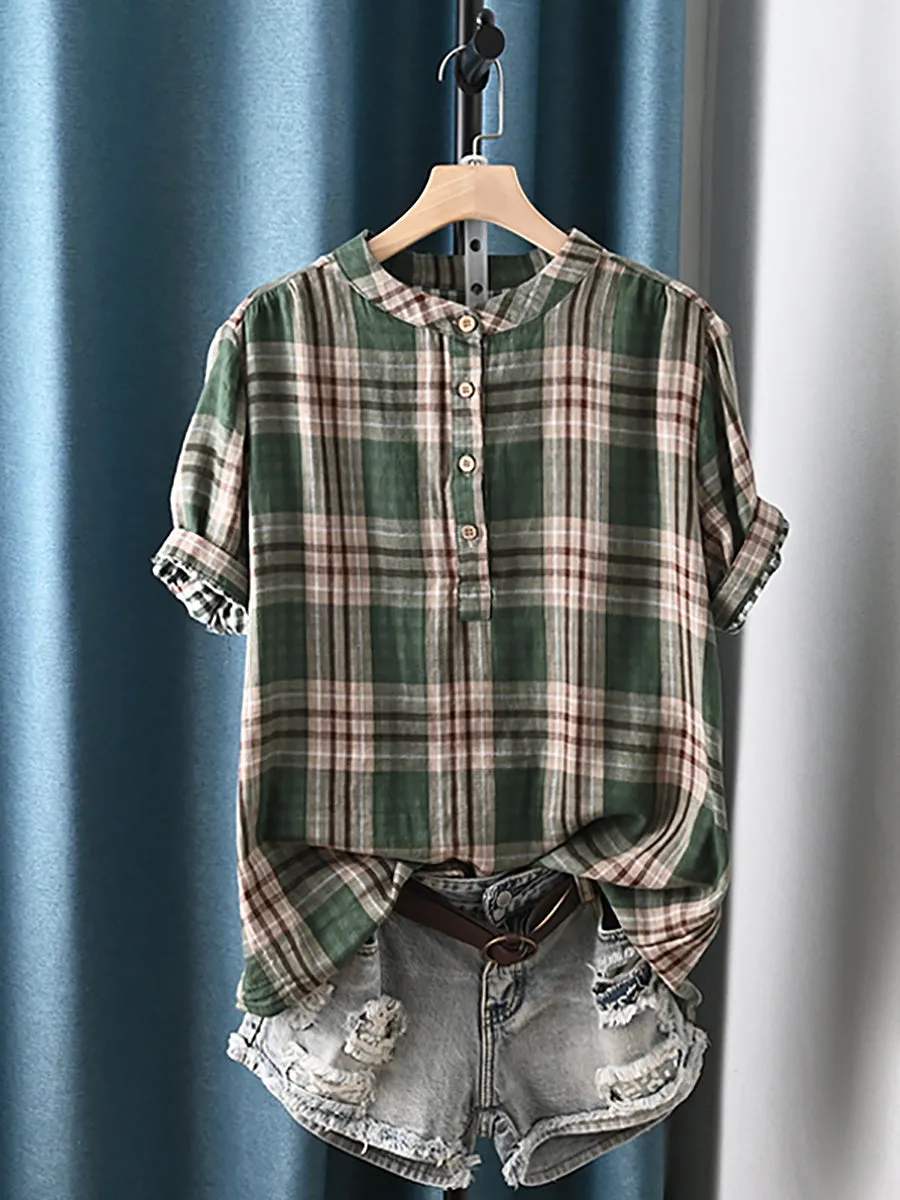 Women Summer Artsy Plaid Stand Collar 100%Cotton Shirt
