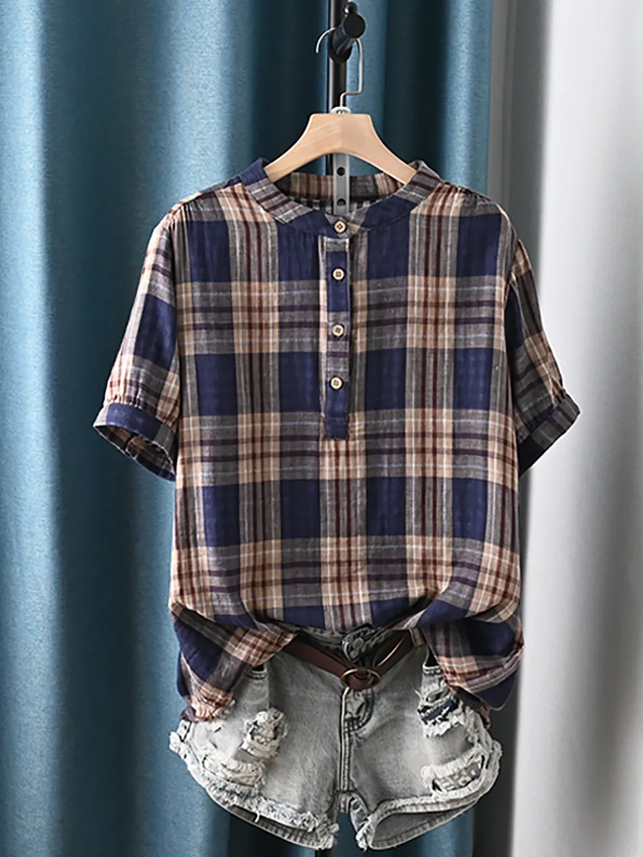 Women Summer Artsy Plaid Stand Collar 100%Cotton Shirt