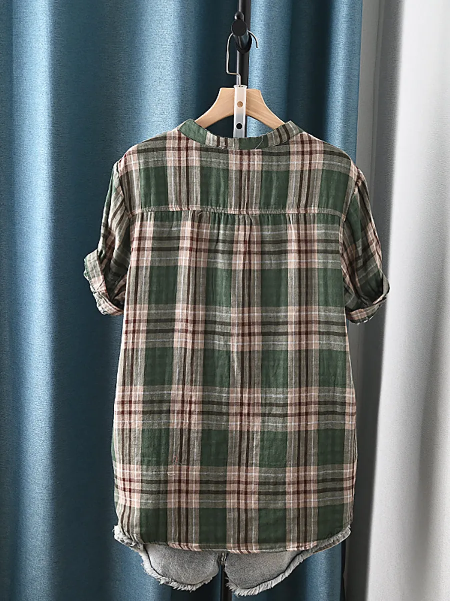 Women Summer Artsy Plaid Stand Collar 100%Cotton Shirt