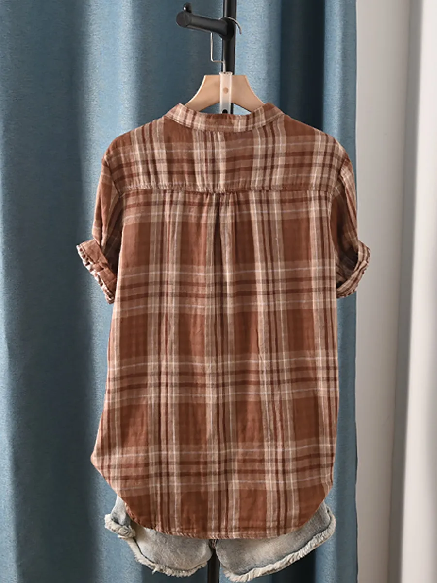 Women Summer Artsy Plaid Stand Collar 100%Cotton Shirt