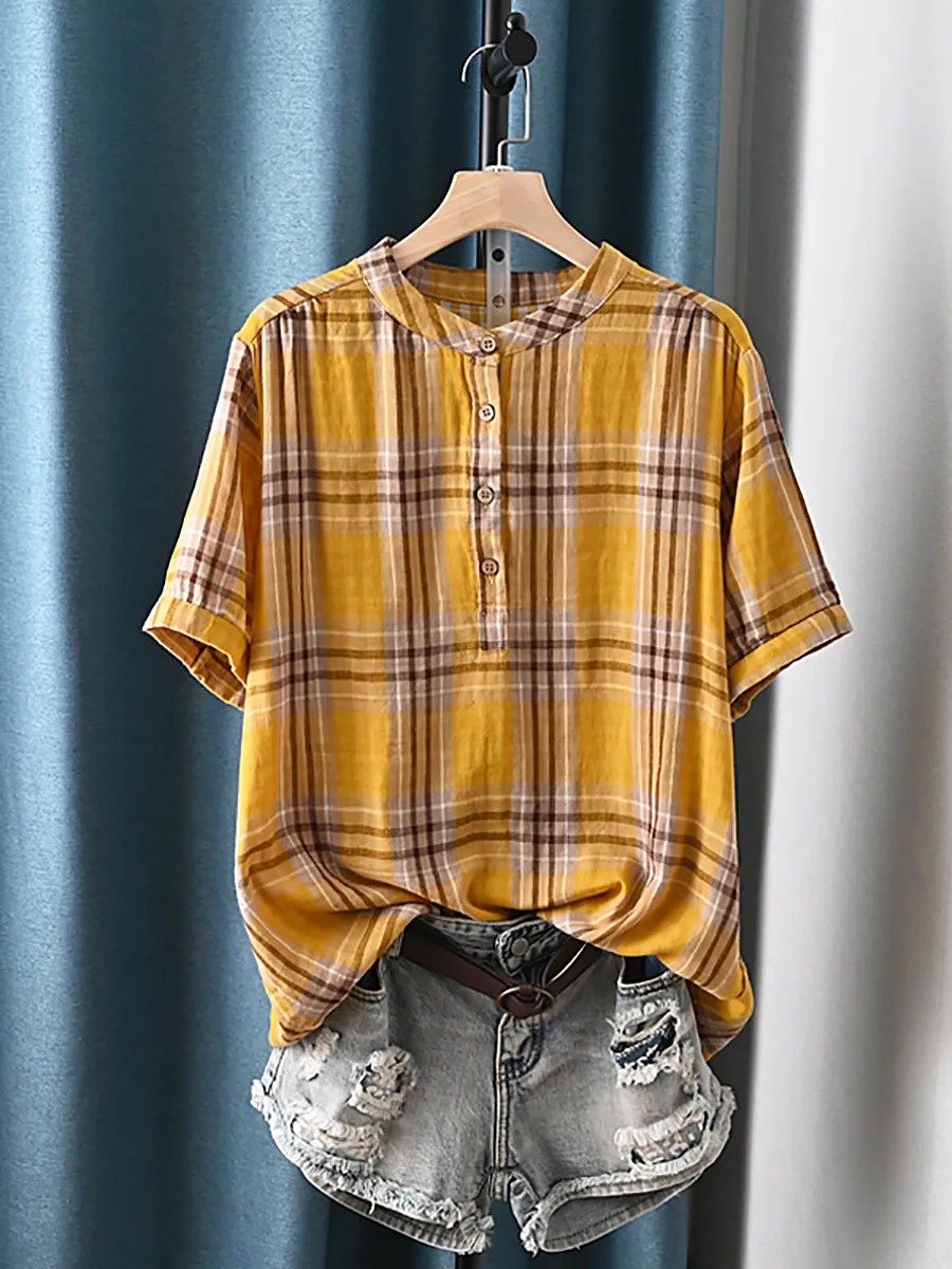 Women Summer Artsy Plaid Stand Collar 100%Cotton Shirt