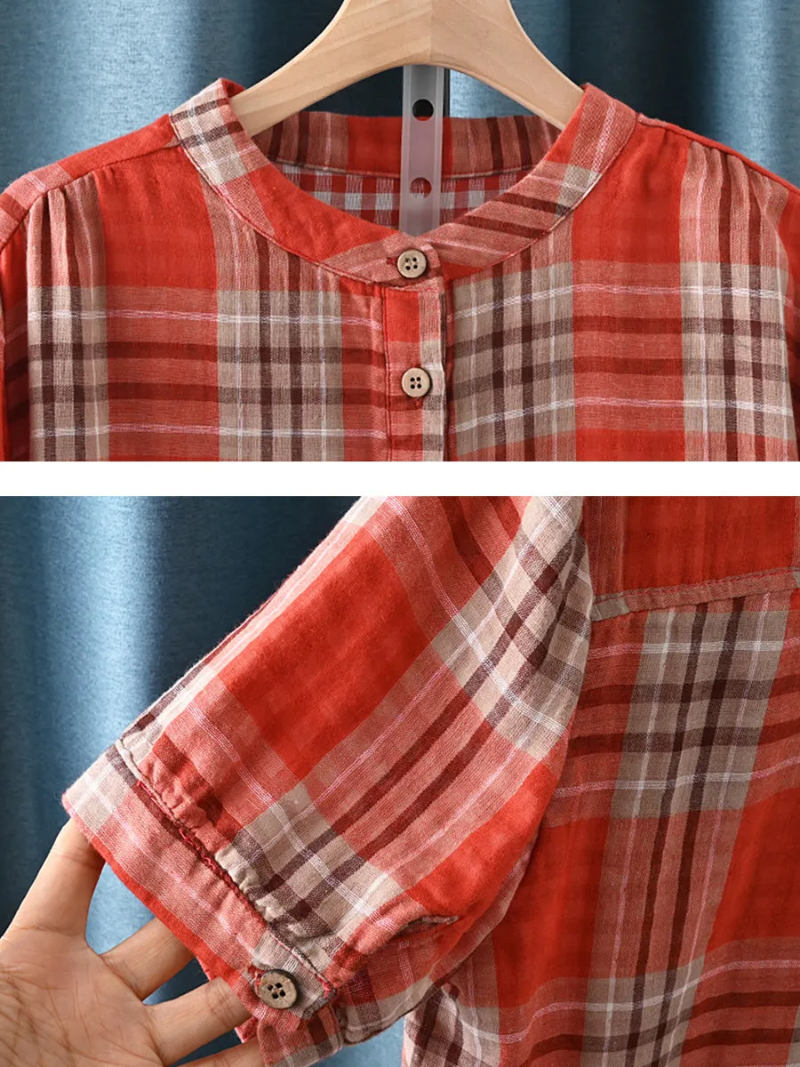 Women Summer Artsy Plaid Stand Collar 100%Cotton Shirt