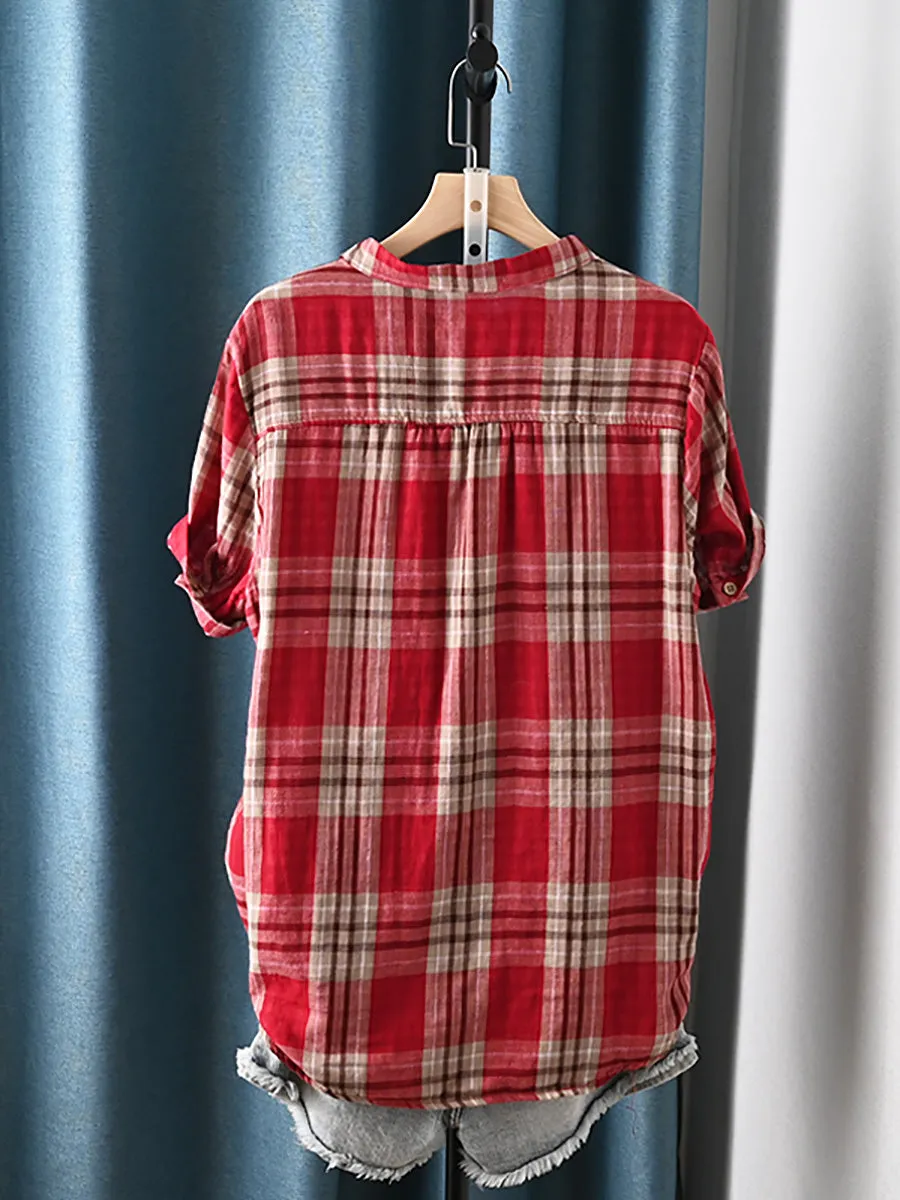 Women Summer Artsy Plaid Stand Collar 100%Cotton Shirt