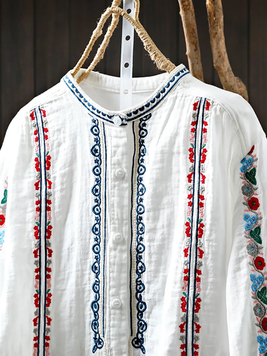 Women Summer Ethnic Floral Embroidery 100%Cotton Shirt