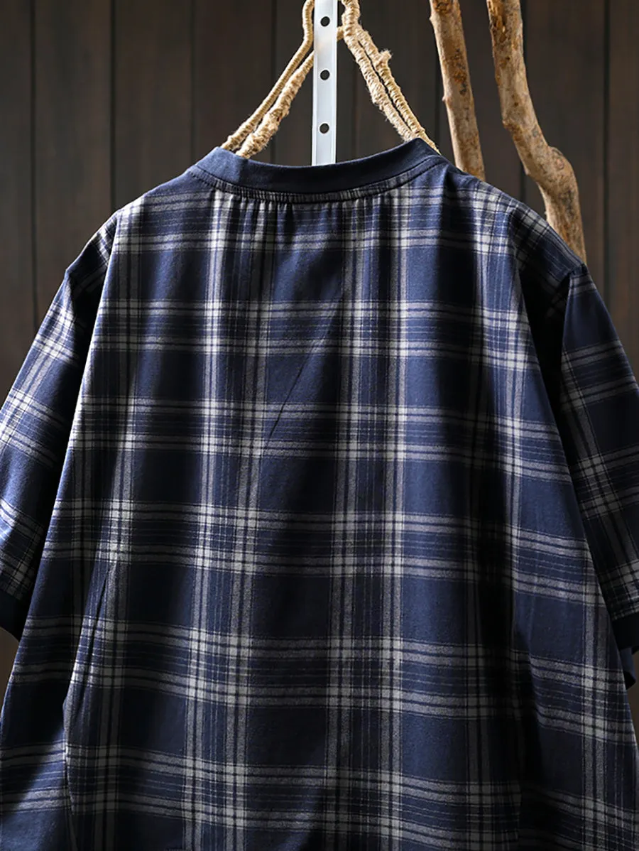 Women Summer Retro Plaid O-Neck Cotton Shirt