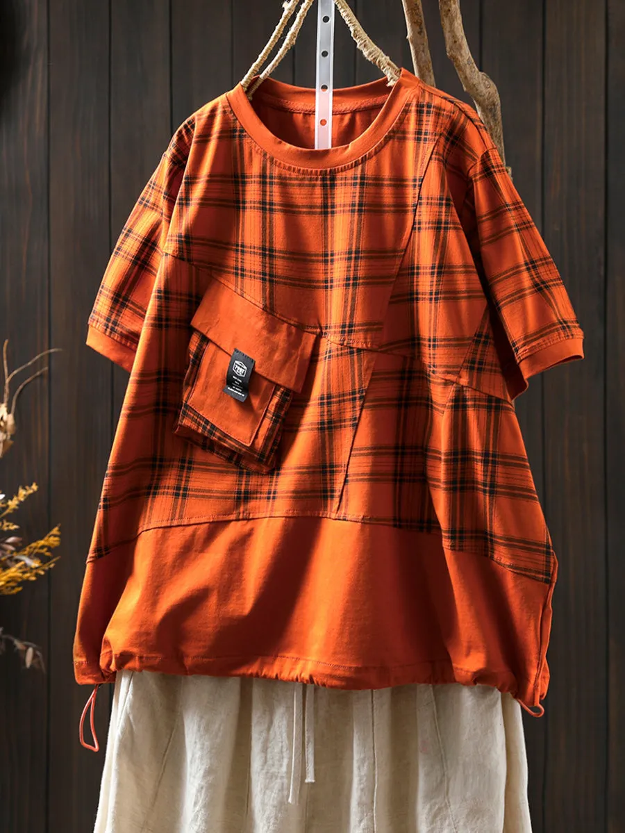 Women Summer Retro Plaid O-Neck Cotton Shirt
