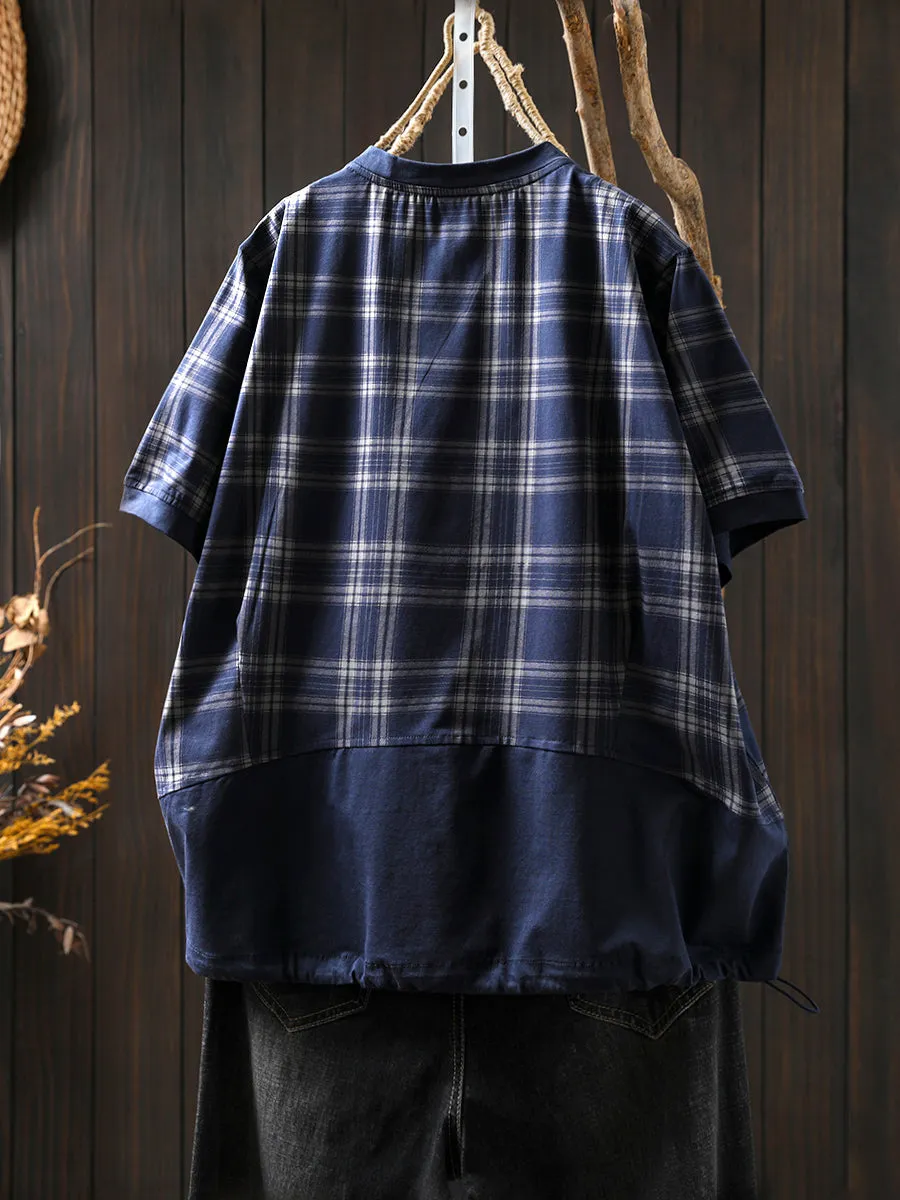Women Summer Retro Plaid O-Neck Cotton Shirt